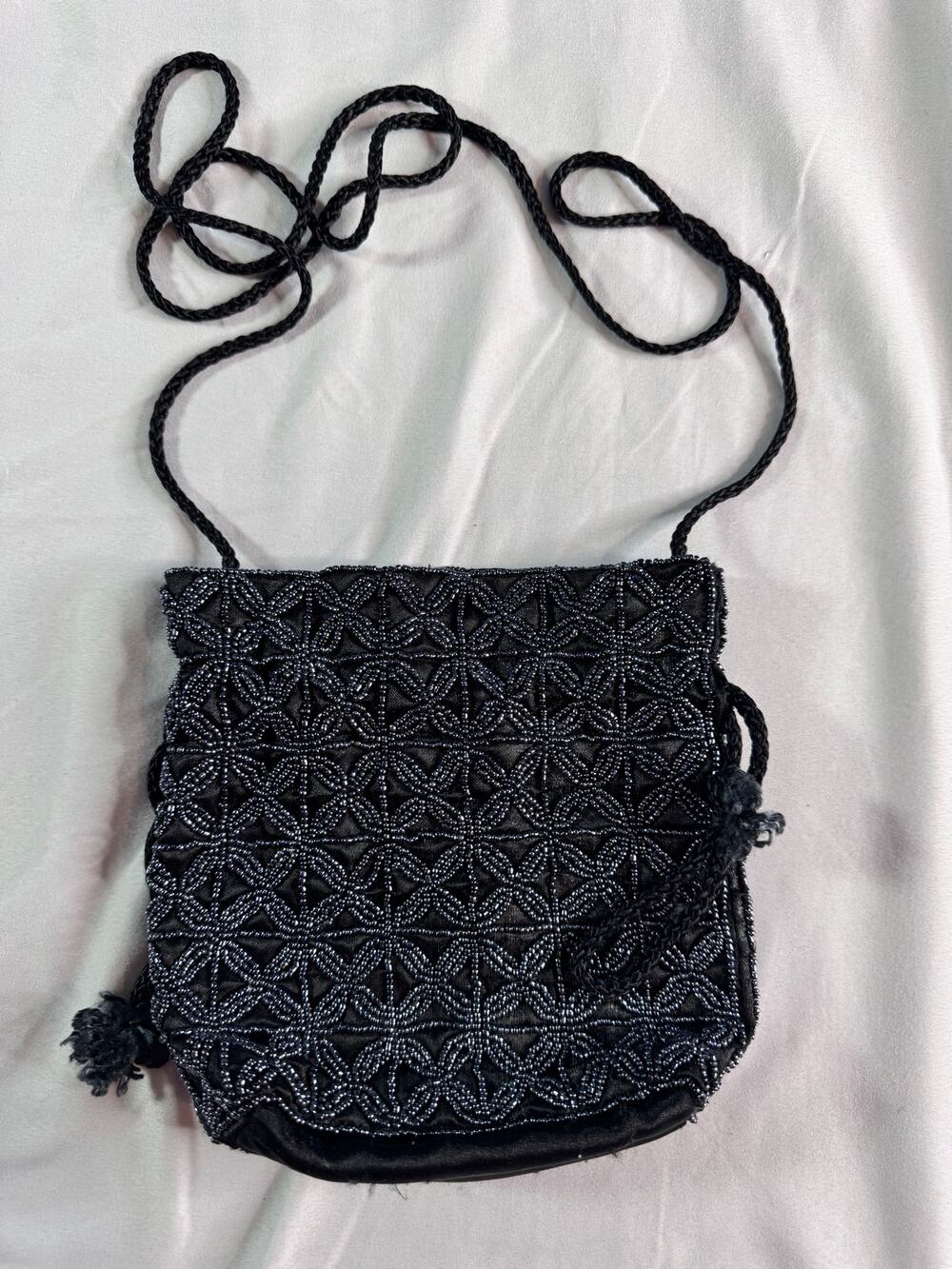 Vintage Black Beaded Drawstring Evening Bag Shoulder Purse Made in India